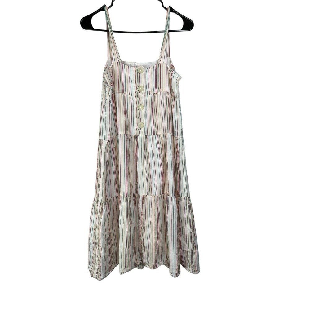 Madewell Dress Size 00 White Rainbow Striped Cotton Button Back Tiered‎ Midi